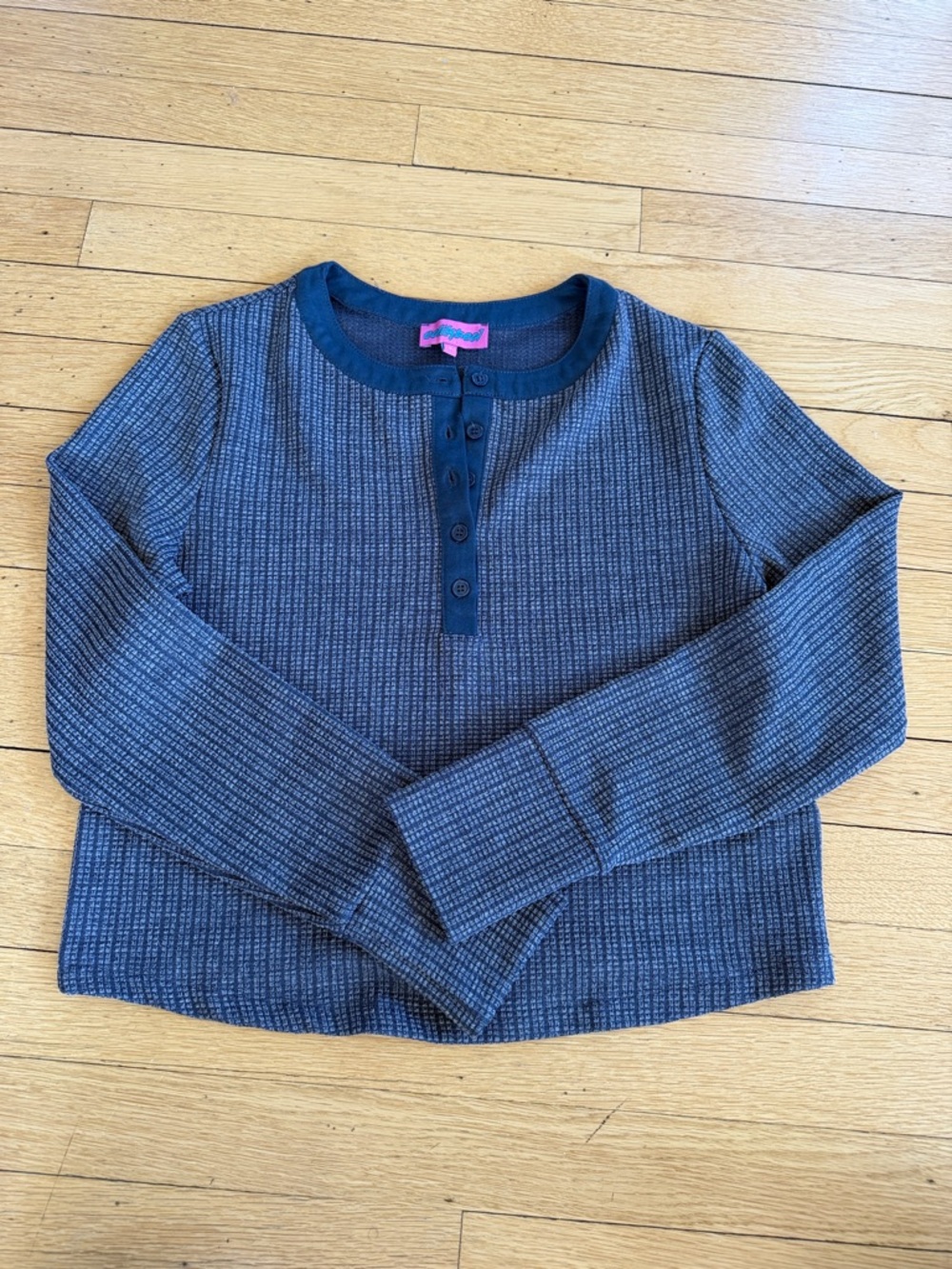 Edikted Navy Ribbed Henley Long Sleeve Top